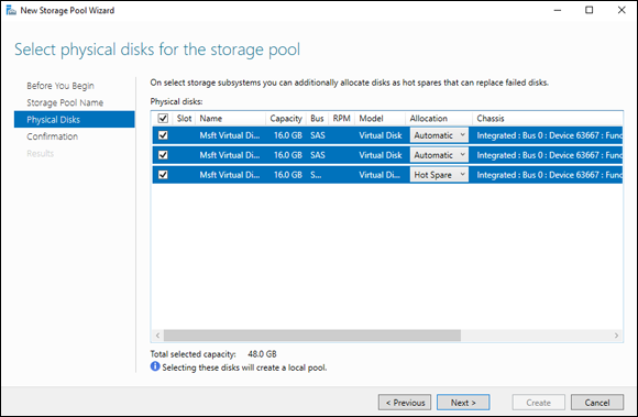 Snapshot of Configuration of the physical disks in the storage pool.