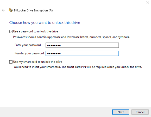 Snapshot of Setting a password for BitLocker To Go.
