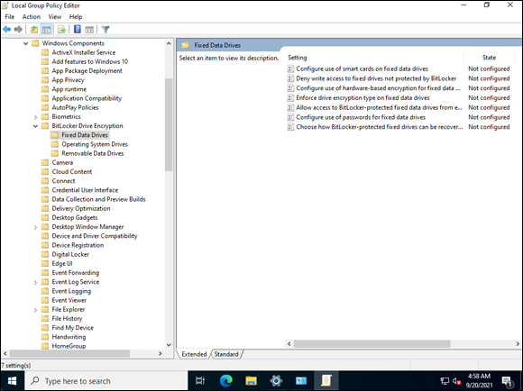 Snapshot of Configuring BitLocker to work without a TPM module involves editing the local security policy.