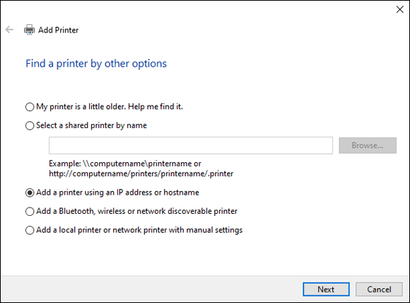 Snapshot of Selecting how to find the printer.