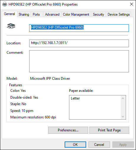 Snapshot of the Printer Properties screen allows you to change configuration items.