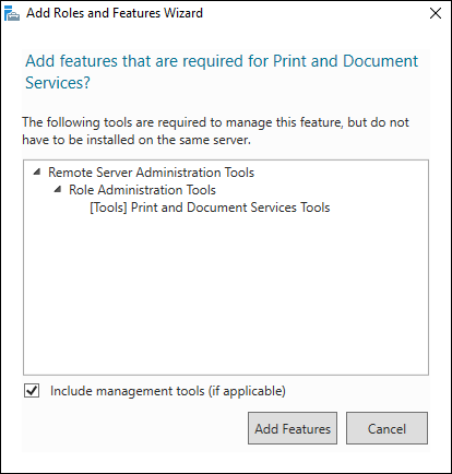 Snapshot of Install the Print and Document Services role to set up the print server.
