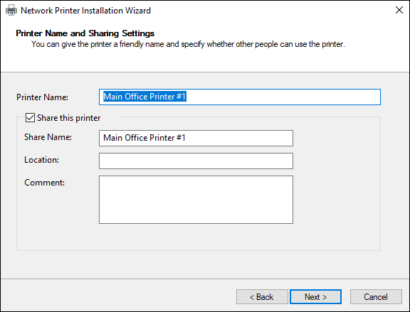 Snapshot of Naming the printer and adding a location makes it easier for the users to find the printer.