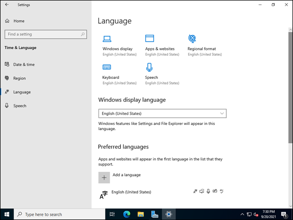 Snapshot of the Language screen allows you to adjust settings for language and keyboard layouts.