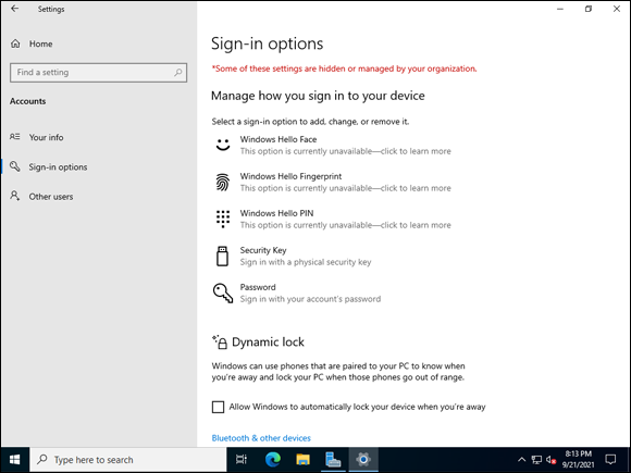 Snapshot of the Accounts menu allows you to set up various methods of authentication.