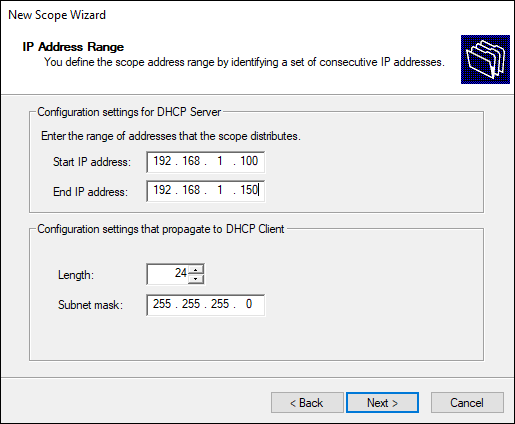 Snapshot of the IP Address Range screen allows you to specify the address range for the DHCP scope.