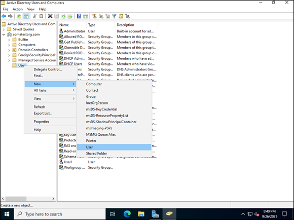 Snapshot of Creating a new user in Active Directory.