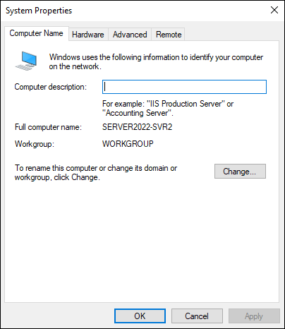 Snapshot of the System Properties box allows you to change the computer name and the workgroup/domain membership.