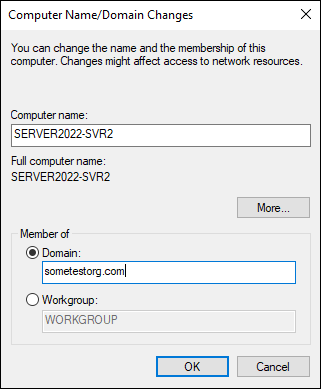 Snapshot of Changing the domain membership of the server.
