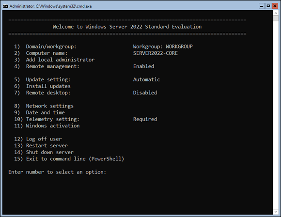 Snapshot of the sconfig menu in Server Core is the main system configuration area.