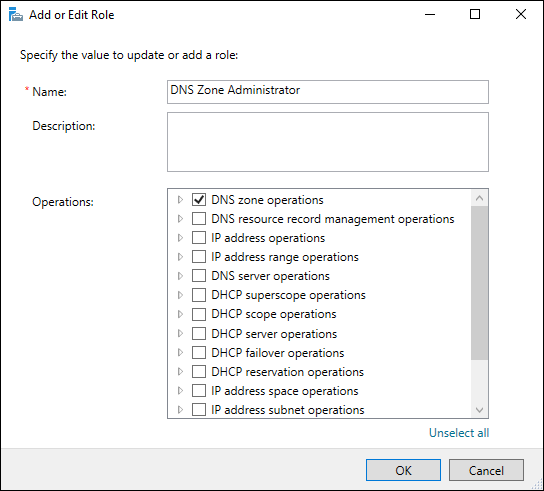 Snapshot of Creating a DNS Zone Administrator is easy given the granular permissions available.