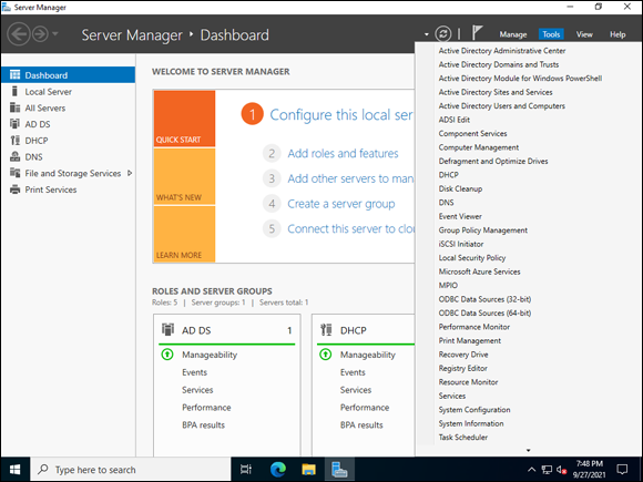 Snapshot of the Tools menu from within Server Manager.