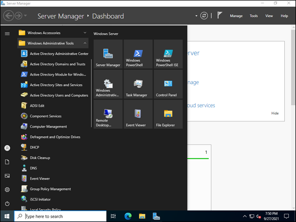 Snapshot of Windows Administrative Tools in the Start Menu is the same as the Tools menu in Server Manager.