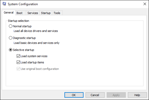 Snapshot of the General tab in System Configuration lets you set the type of startup you want.