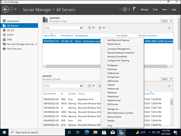 Snapshot of Managing a remote server with Server Manager on Windows 10.