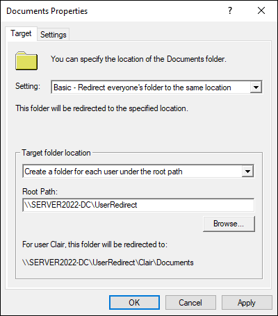 Snapshot of Setting up folder redirection for the Documents folder.