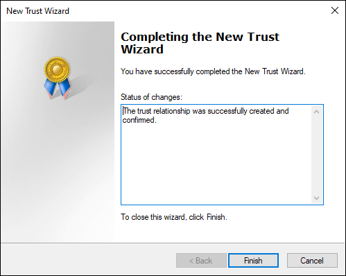 Snapshot of the successful completion of the New Trust Wizard.