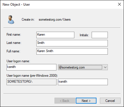 Snapshot of Creating a new user from within Active Directory Users & Groups.
