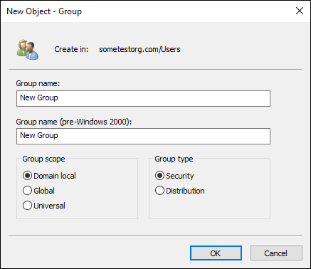 Snapshot of Creating a new group in Active Directory Users & Groups.