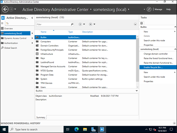 Snapshot of Enable the Active Directory Recycle Bin through the Active Directory Administrative Center.