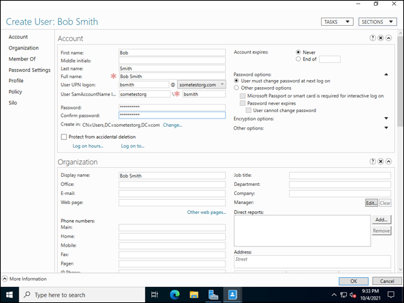 Snapshot of Creating a user in Active Directory Administrative Center gives you more options in the beginning.