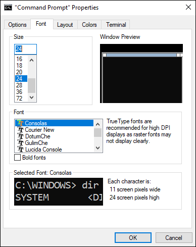 Snapshot of the Font tab allows you to change the font and how it displays in the Command Prompt.