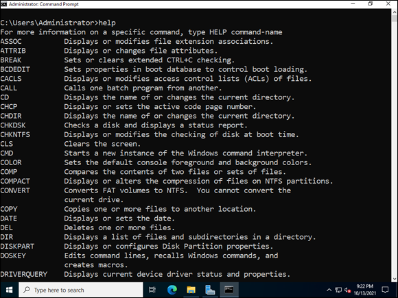 Snapshot of Using the help command in the Command Prompt.