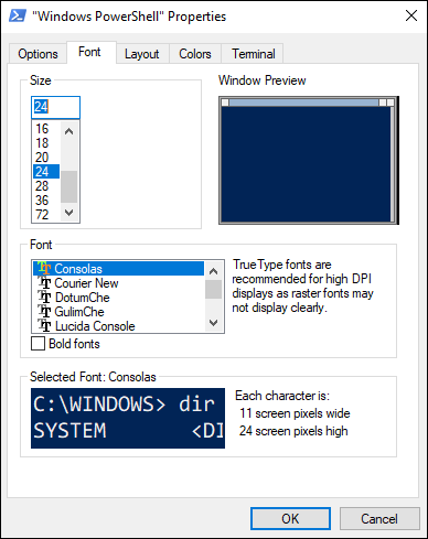 Snapshot of the Font tab allows you to change the font and how it displays in PowerShell.