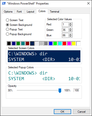 Snapshot of the Colors tab allows you to customize screen colors in Windows PowerShell.