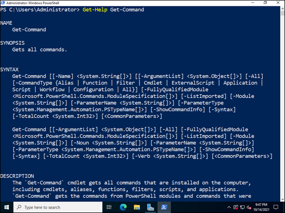 Snapshot of Using the PowerShell Help to get more information on the Get-Command cmdlet.