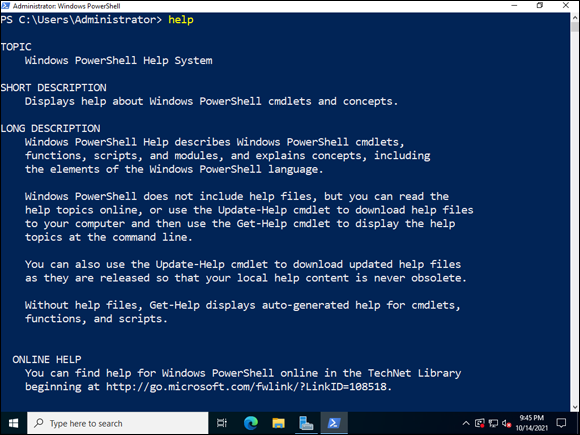 Snapshot of Using the help command in Windows PowerShell.