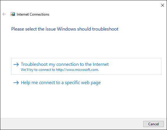 Snapshot of Troubleshooting your Internet connection with the built-in troubleshooting utility.
