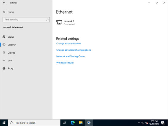 Snapshot of the Ethernet screen in the Network & Internet section of Settings.