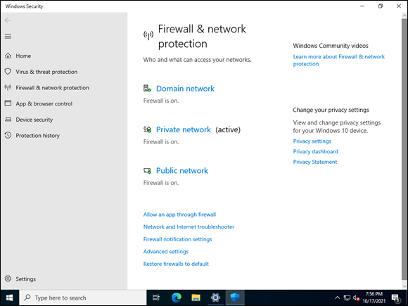 Snapshot of the Firewall & Network Protection screen in the Network & Internet section of Settings.