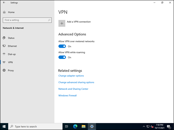 Snapshot of the VPN screen in the Network & Internet section of Settings.