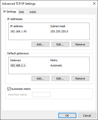 Snapshot of the Advanced TCP/IP Settings dialog box lets you perform more advanced configuration tasks.