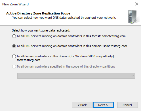 Snapshot of Selecting the replication scope for the new zone is important; in this case, the scope is at the domain level.