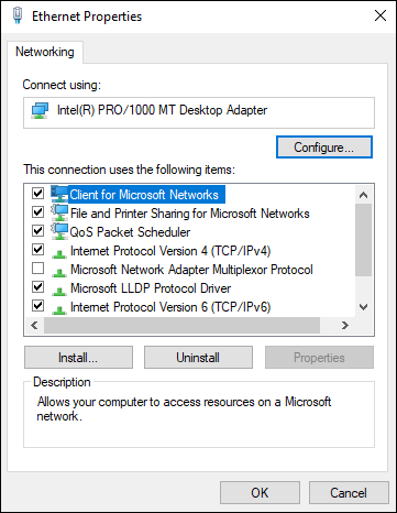 Snapshot of the Properties dialog box for the network adapter allows you to change the network adapter�s configuration.