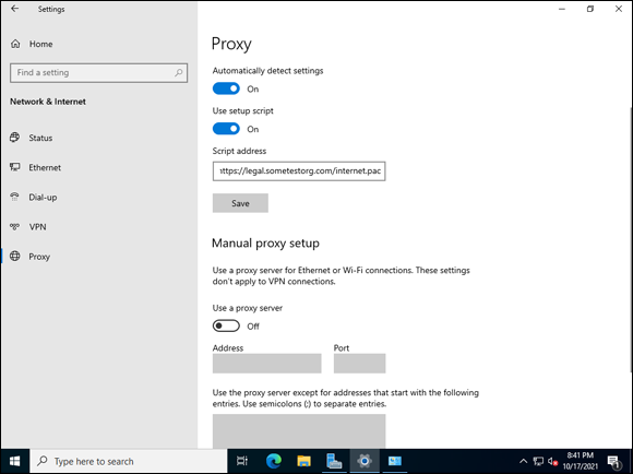 Snapshot of Setting up a proxy script for Internet access on a Windows server.