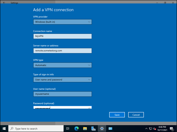 Snapshot of Setting up a VPN for remote access with the built-in Windows VPN client.