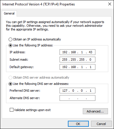 Snapshot of IPv4 properties are set through the network adapter Properties dialog box.