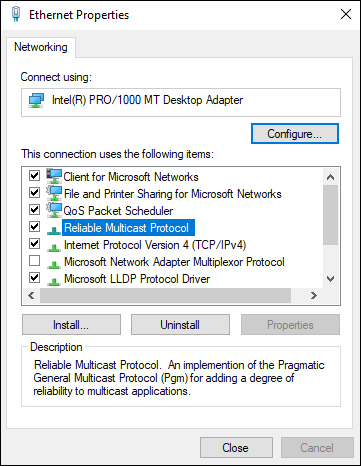 Snapshot of installing clients, services, and protocols like the Reliable Multicast Protocol.