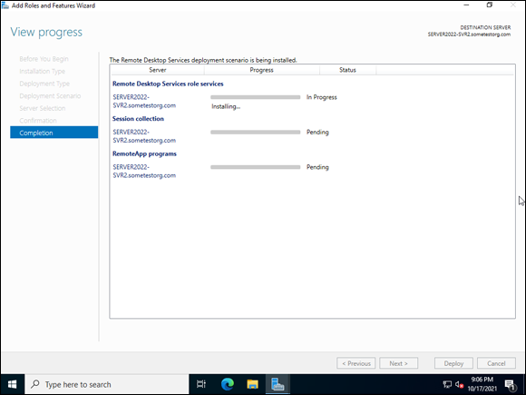 Snapshot of Installing the RDS role on a single server via the Quick Start installation.