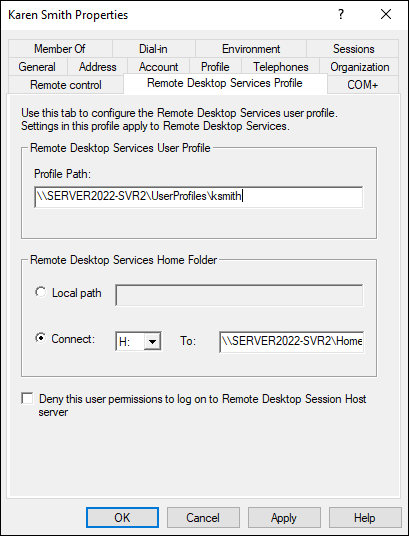 Snapshot of Setting up a user�s profile to take full advantage of the RDS functionality involves a roaming profile and mapping a home drive.