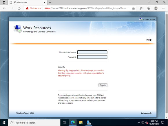 Snapshot of the logon screen for RD Web Access is simple and elegant.