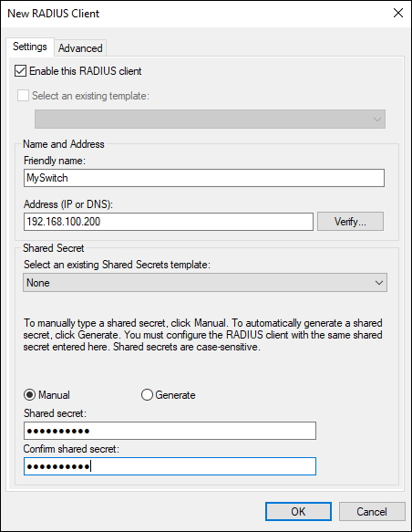 Snapshot of the Settings tab is where the bulk of the configuration happens for a RADIUS client.