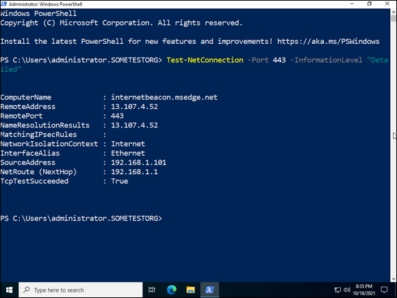 Snapshot of test basic connectivity with just a few parameters added to the Test-NetConnection cmdlet.