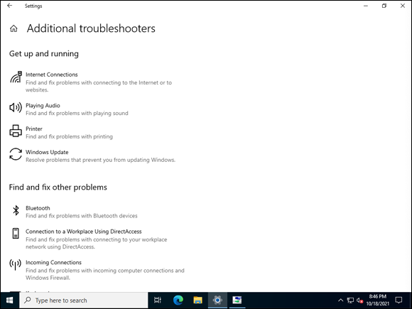 Snapshot of the Additional Troubleshooters link contains many troubleshooting tools, including one that can help with Internet connectivity issues.