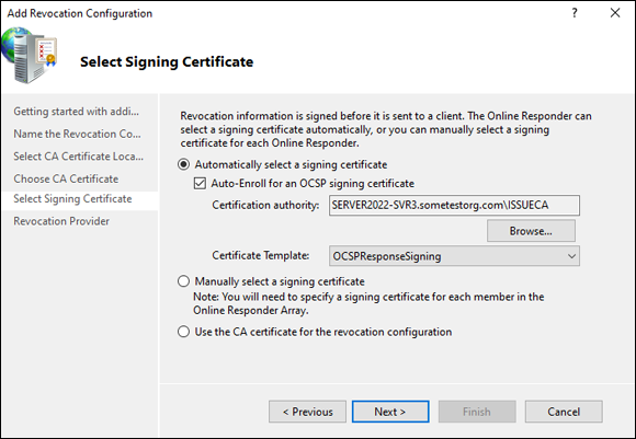 Snapshot of Setting the OCSP Revocation Configuration requires the OCSP Response Signing certificate template.