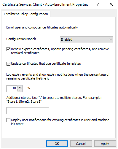 Snapshot of the last part of setting up auto-enrollment is to set Group Policy to auto-enroll user certificates.
